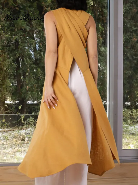 Futuristic Pleated Slit Cotton and Linen Top