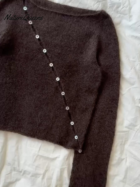 Women's Boat Neck Slant Button Wool Top