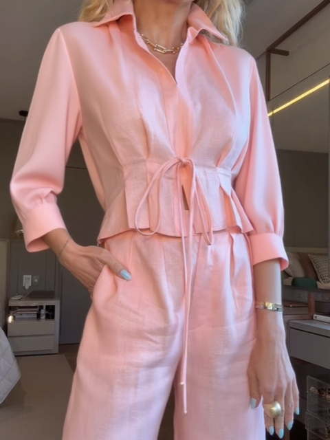Pleated Lace-Up Top and Trousers Linen Suit