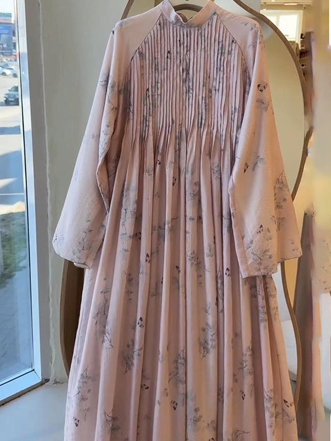 Flowy Accordion-pleated Floral-print Dress