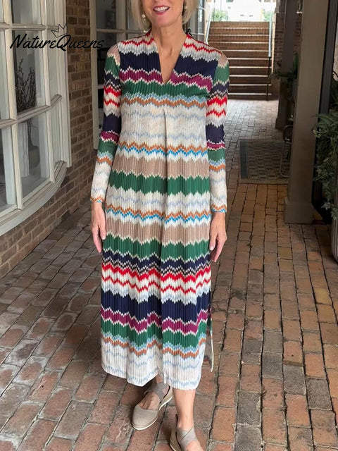 Women's Autumn Pleated V-Neck Herringbone Dress