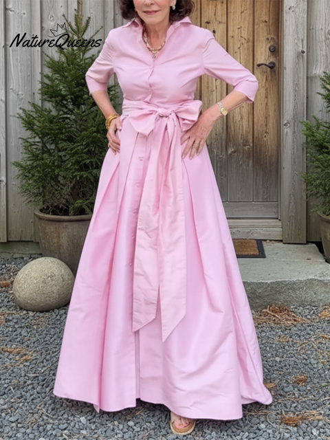 Women's Elegant Solid Color Lapel Bow Cotton Maxi Dress
