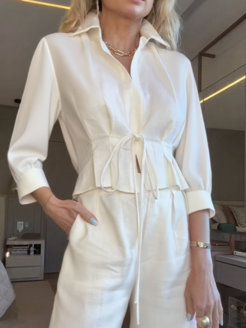 Pleated Lace-Up Top and Trousers Linen Suit