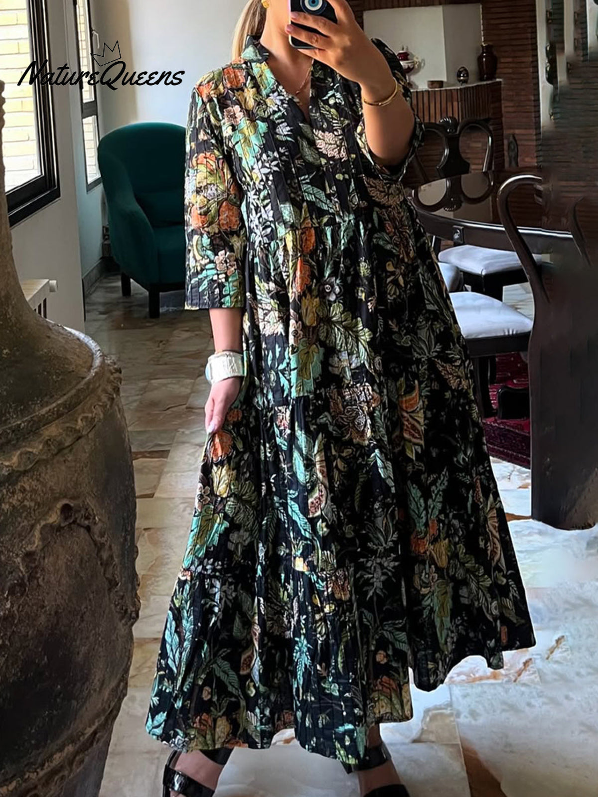 Pleated Floral Print Cotton and Linen Dress