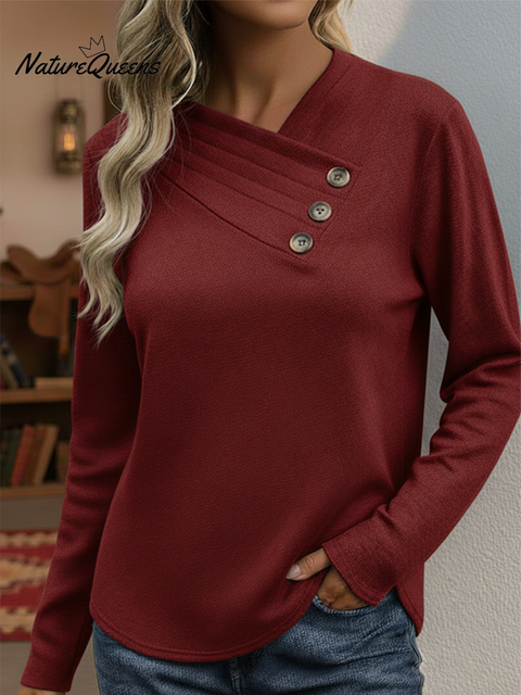 Women's Casual Pleated V-Neck Button Sweater Top