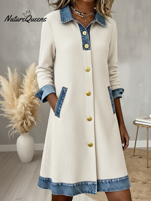 Casual Denim Patchwork Corduroy Button A-line Midi Dress