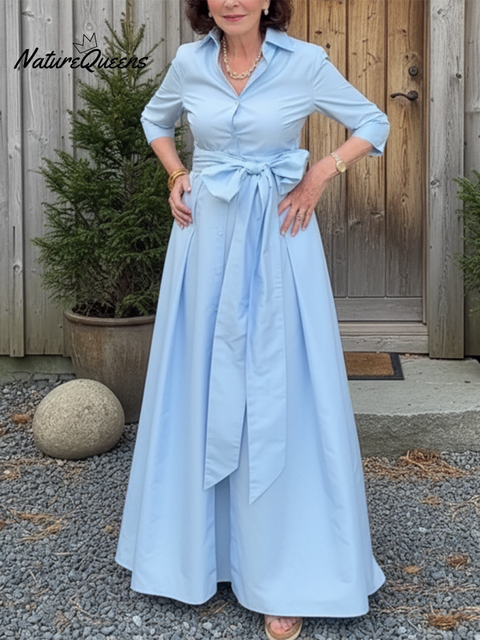 Women's Elegant Solid Color Lapel Bow Cotton Maxi Dress