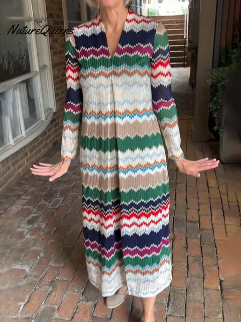 Women's Autumn Pleated V-Neck Herringbone Dress