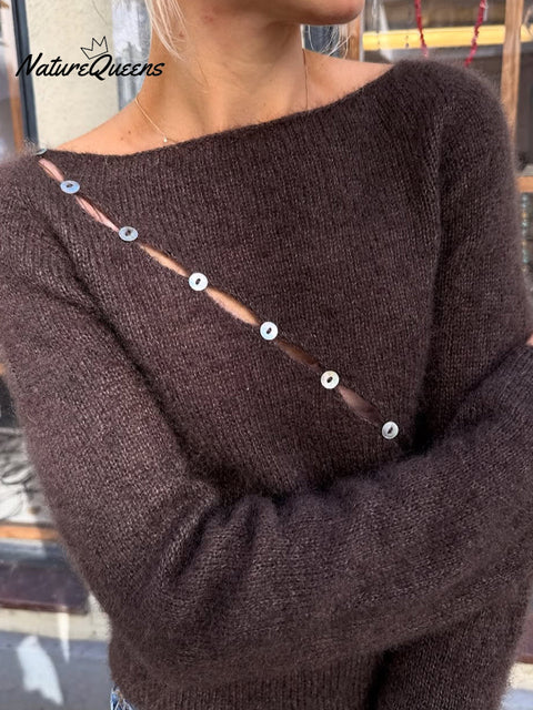 Women's Boat Neck Slant Button Wool Top
