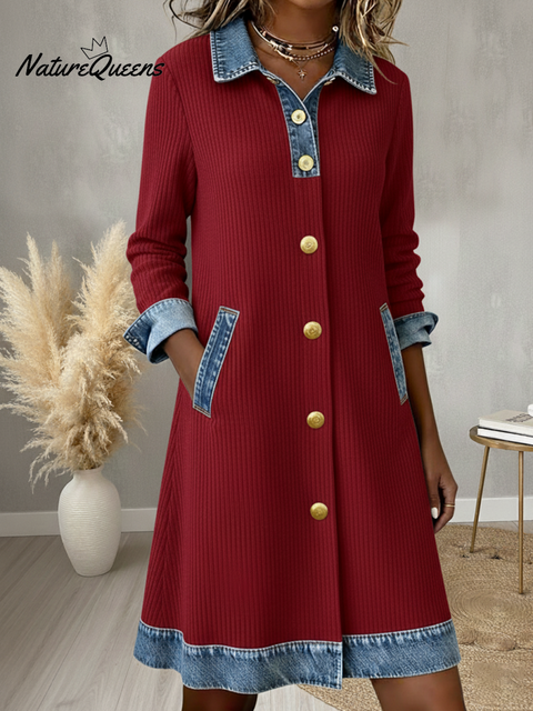 Casual Denim Patchwork Corduroy Button A-line Midi Dress