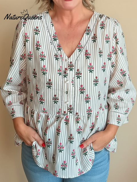 Women's Retro Striped Floral Print Trumpet Sleeve Top