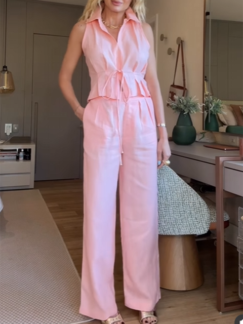 Pleated Lace-Up Top and Trousers Linen Suit