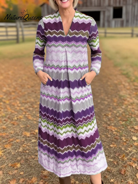 Women's Autumn Pleated V-Neck Herringbone Dress