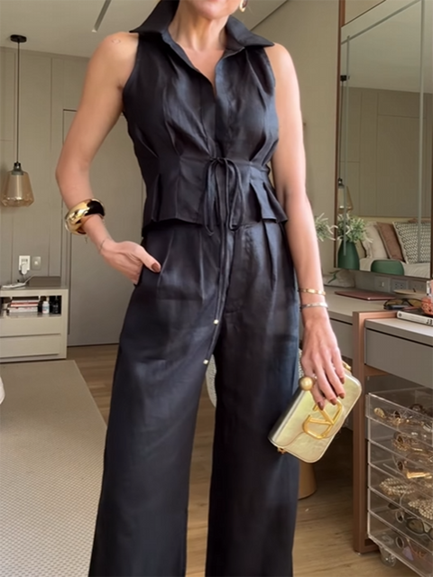 Pleated Lace-Up Top and Trousers Linen Suit