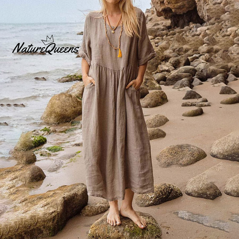 Brown 3/4 Sleeve Plain Maxi Dress