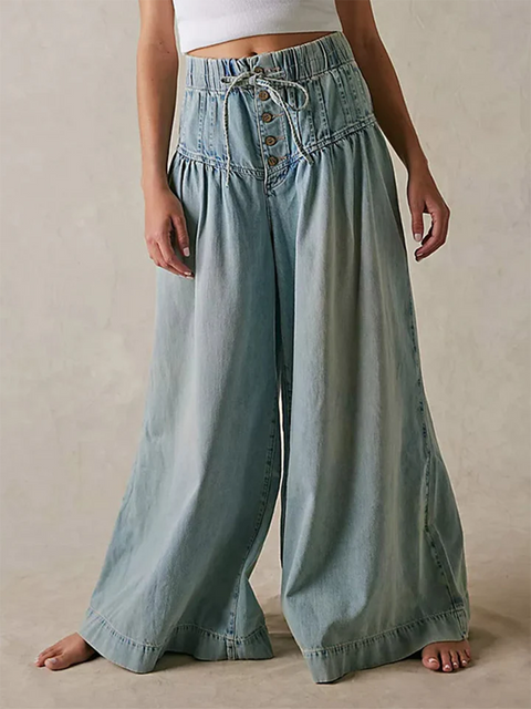 Pleated Lace-up Loose Wide-leg Jeans