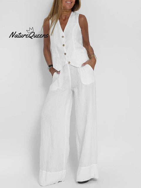 Women's Fashion Solid Color Vest Trousers Collage Stitching Cotton and Linen Casual Suit