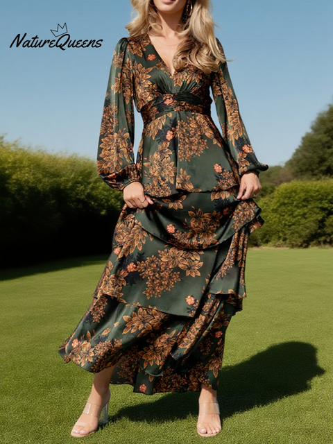 Romantic Floral Print Multi-Layered Hem Dress