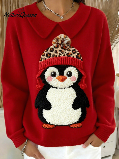 Women's Winter Cute Penguin Print Lapel Top