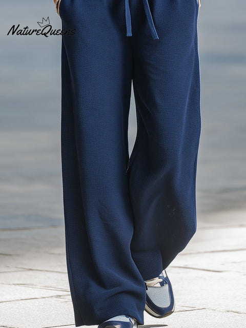 Navy Blue Waffle-Knit Half-Zip Loungewear Set