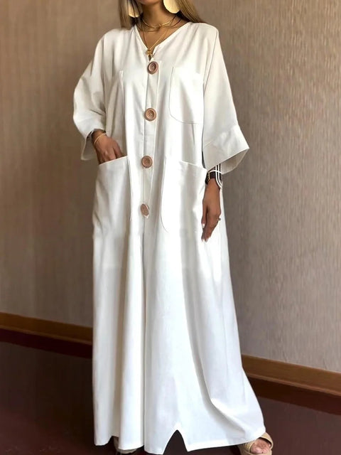 Women's Casual Loose Pocket Button Cotton Linen Dress