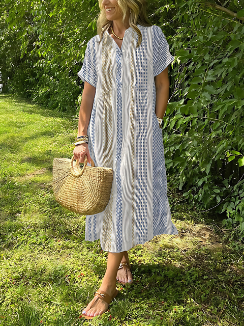 Striped Lapel Button Up Dress