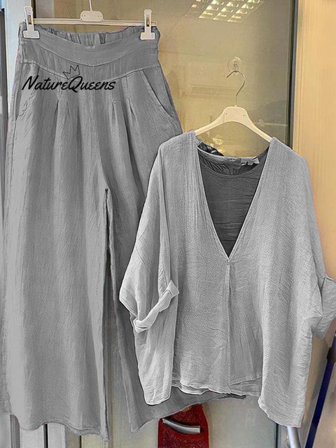 V Neck Top And Solid Color Trousers Set