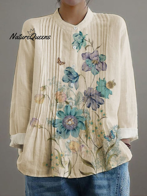 Women's Casual Loose Floral Cotton And Linen Shirt