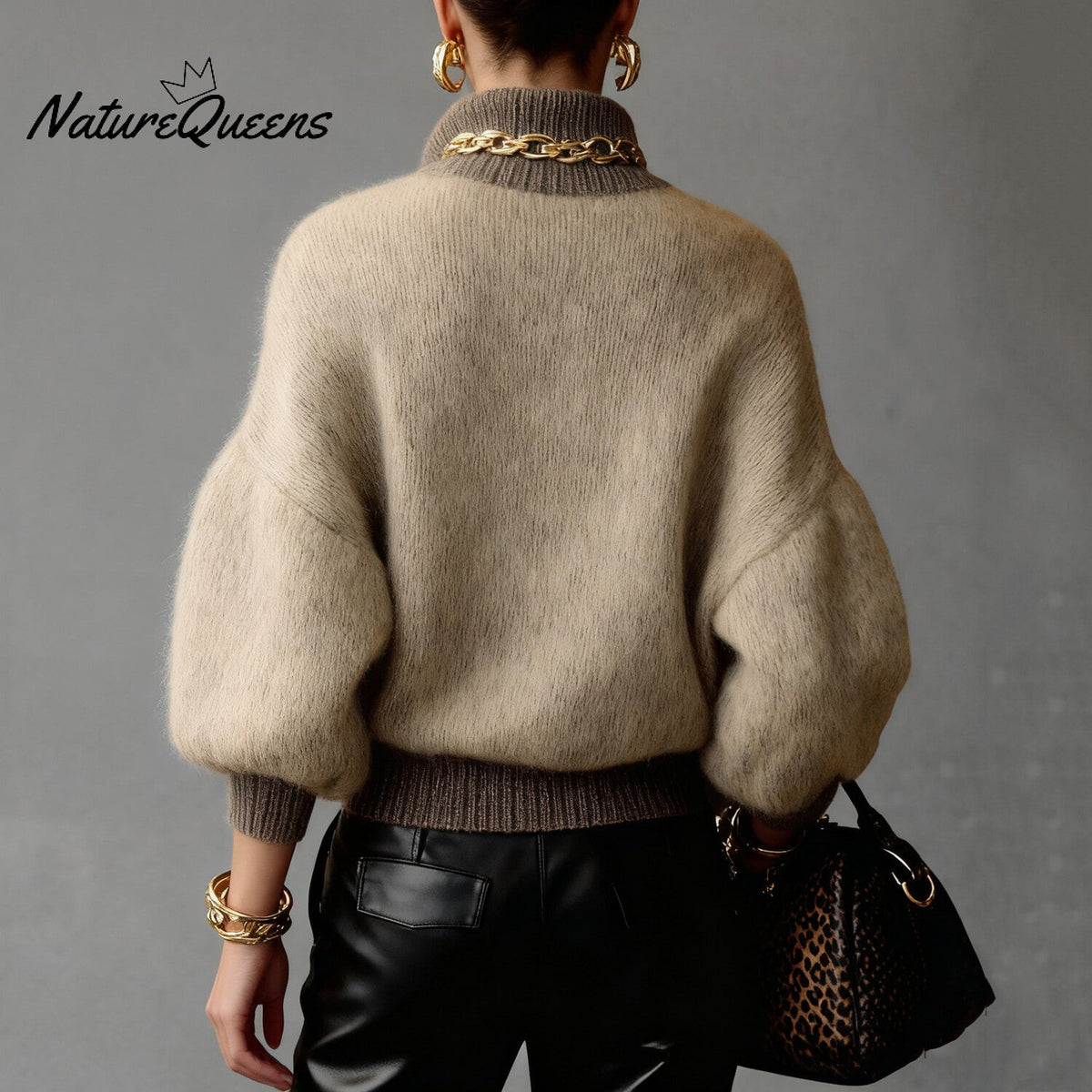 Women's Beige Fuzzy Knit Colorblock Half-Zip Lantern Sleeve Sweater