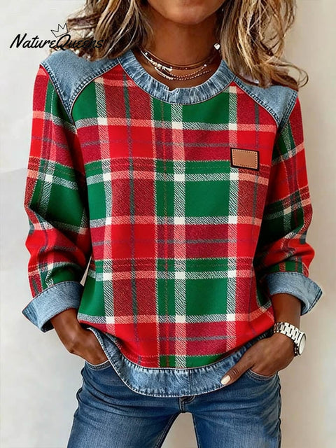 Women'S Casual Round Neck Denim Patchwork Plaid Print Pullover Sweatshirt