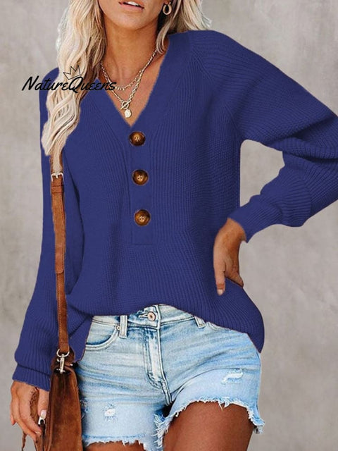 🧹Women'S Solid Color Casual V-Neck Pullover Sweater