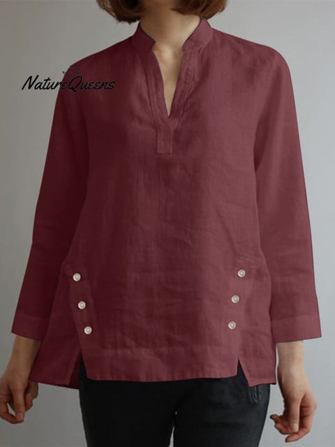 Ladies V-Neck Casual Cotton And Linen Shirt With Irregular Hem Design