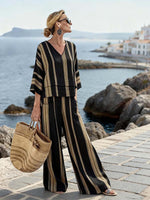 Women'S Casual V-Neck Printed Wide-Leg Pants Set