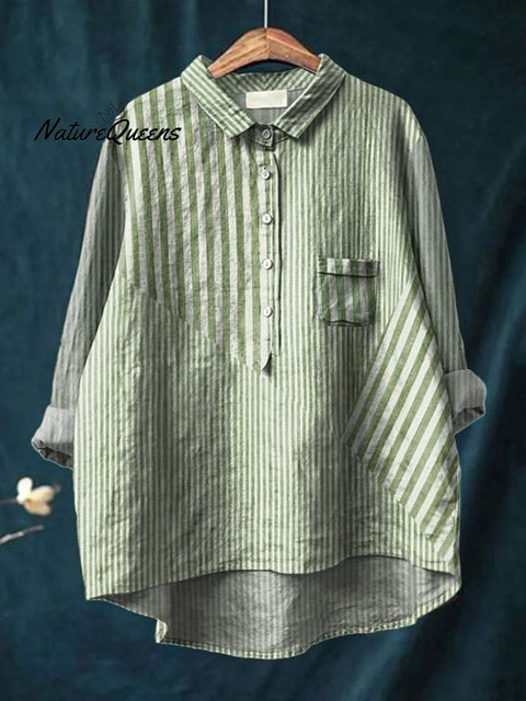 Women's Casual Cotton And Linen Striped Long-Sleeved Shirt