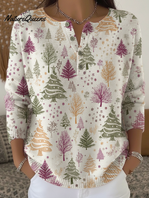 Dreamy Pink and Purple Christmas Tree Print Henley Collar Sweater Top