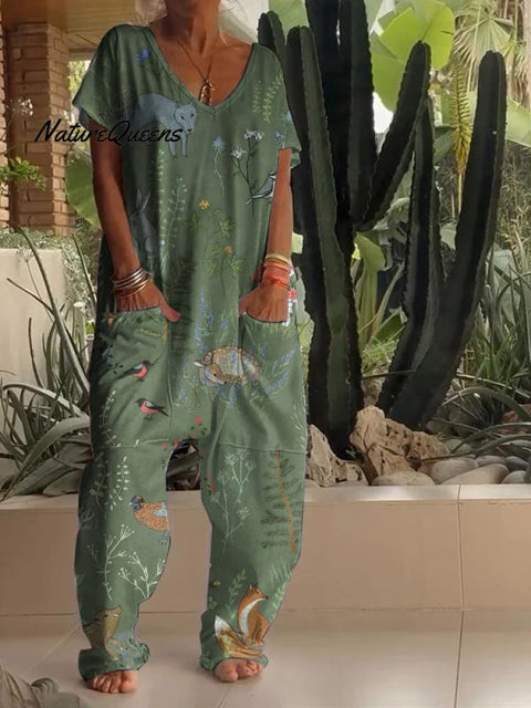 Casual Floral Print V-neck Jumpsuit