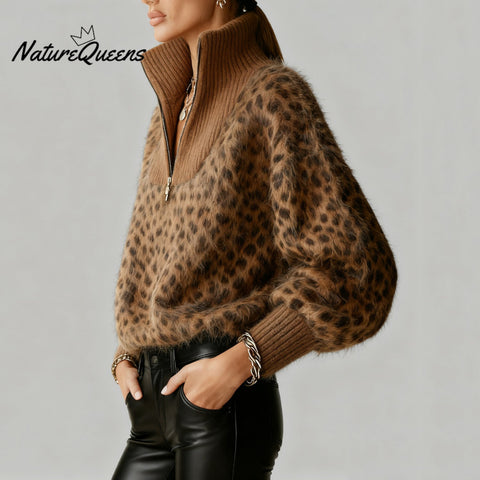 Women's Fashion Brown Leopard Print Half Zip Lantern Sleeve Fuzzy Sweater