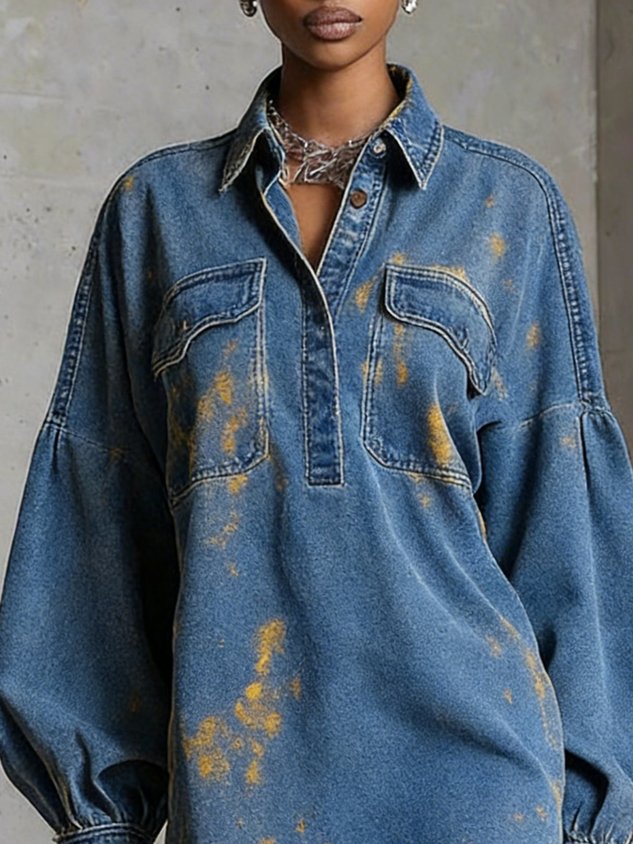 Casual Plain Raglan Sleeves Denim Shirt Collar Mini Dress