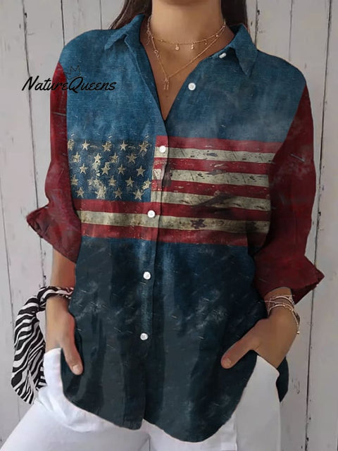 Women's Casual Cotton and Linen Independence Day Shirt