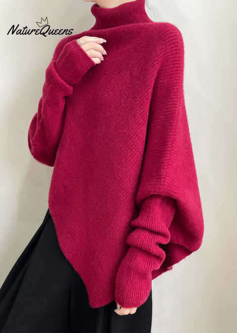 Women Red Asymmetrical Thick Woolen Sweaters Winter