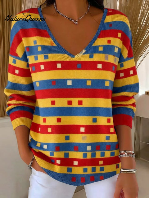 Casual V Neck Striped Loose Knit Top