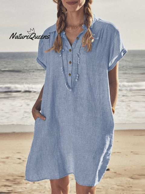 Cotton Linen Shirt Collar Casual Dress