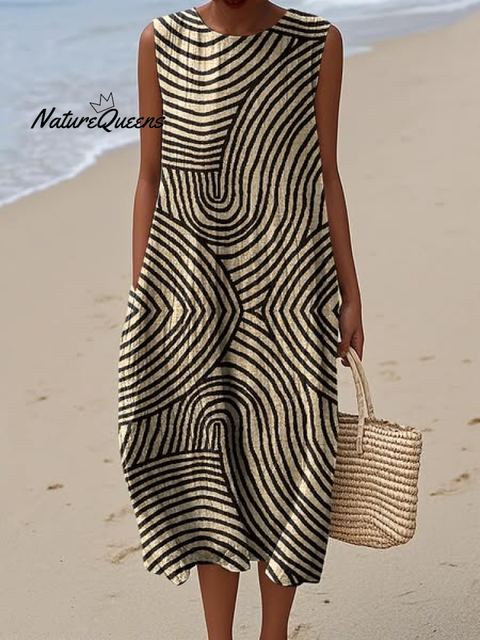 Women's Retro Abstract Geometric Print Cotton and Linen Dress