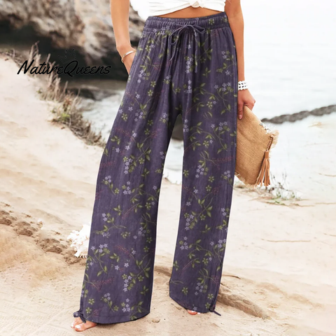 Bohemian Holiday Floral Print Linen Long Loose Wide-leg Pants