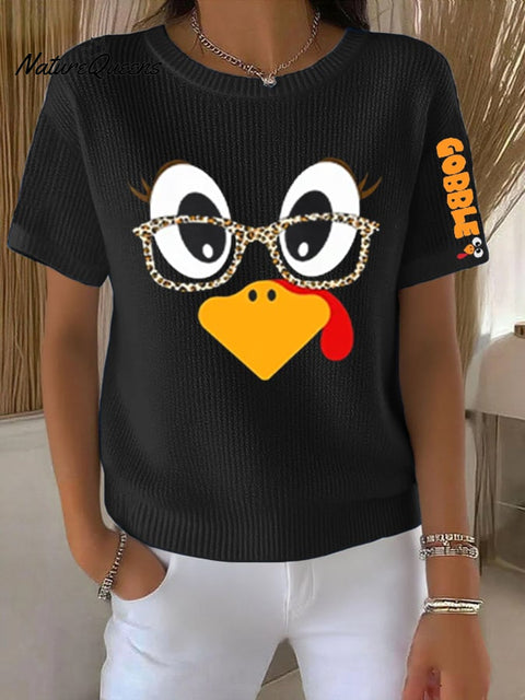 Women's Retro Thanksgiving Turkey Print Round Neck T-Shirt
