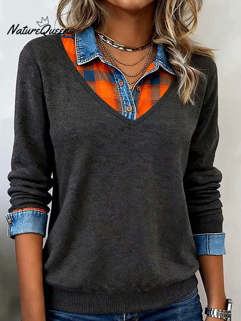 Women's Contrast Knitted Plaid Contrast Color Panel Top