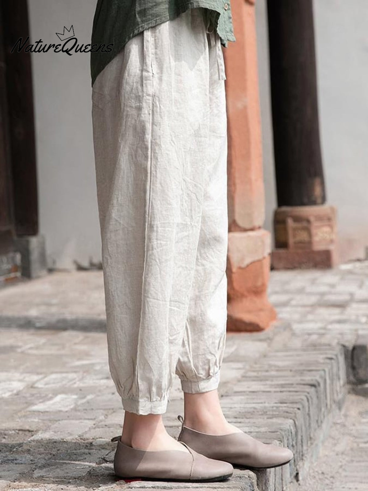 Women's Solid Color Loose Elastic Waist Casual Cotton And Linen Pants