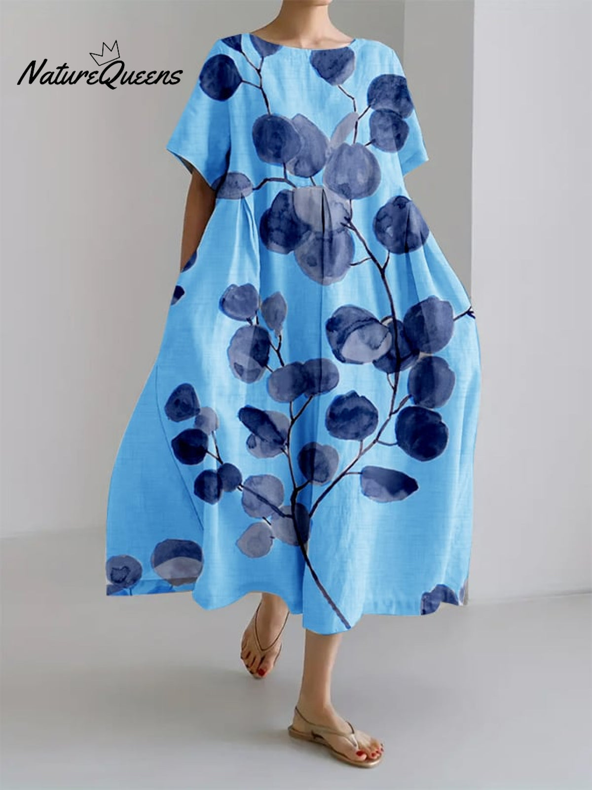 Women’s Retro Botanical Floral Design Printed Casual Loose Dress Blue / S