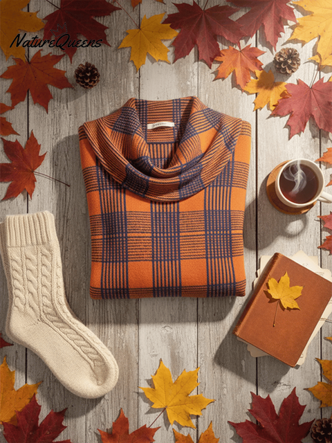 Women'S Casual Plaid Sweater With Special Collar