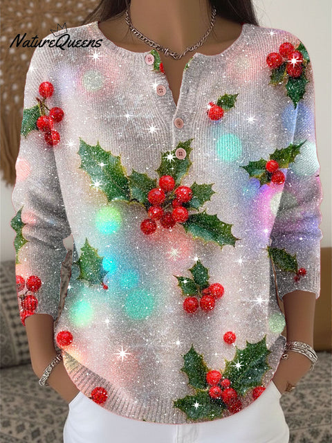 Christmas Fruit Pattern Print Henley Neck Sparkling Sequin Sweater